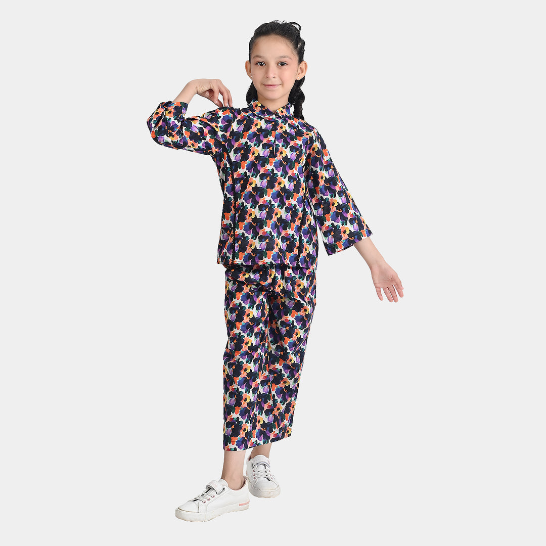 Girls Cotton Poplin Co-Ord Purple Deffodills-Multi
