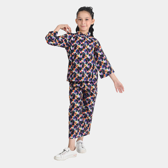 Girls Cotton Poplin Co-Ord Purple Deffodills-Multi