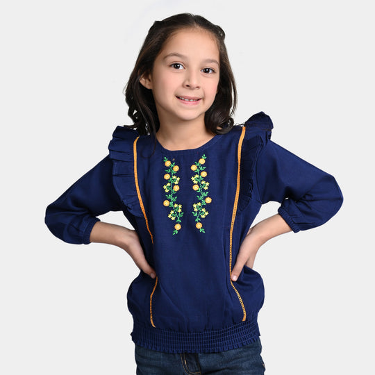 Girls khaddar EMB Top Flower Bunch-Navy Blue