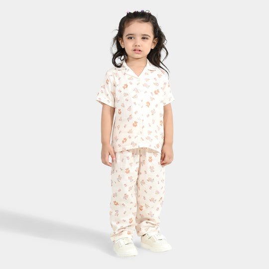 Girls Linen Viscose Nightwear-Teddy Flora-Cream
