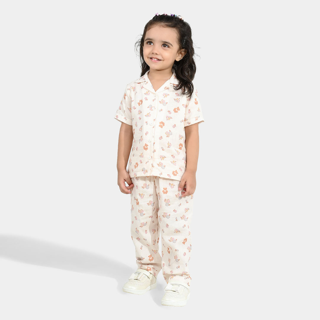 Girls Linen Viscose Nightwear-Teddy Flora-Cream