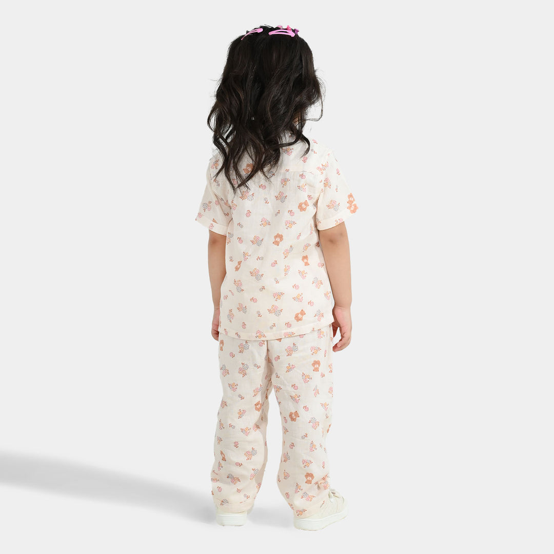Girls Linen Viscose Nightwear-Teddy Flora-Cream