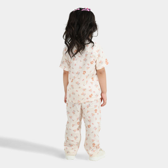 Girls Linen Viscose Nightwear-Teddy Flora-Cream