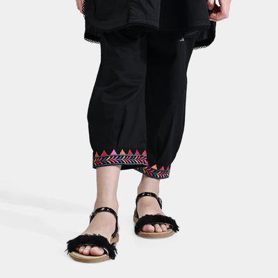 Girls Cotton Embroidered Pant-BLACK