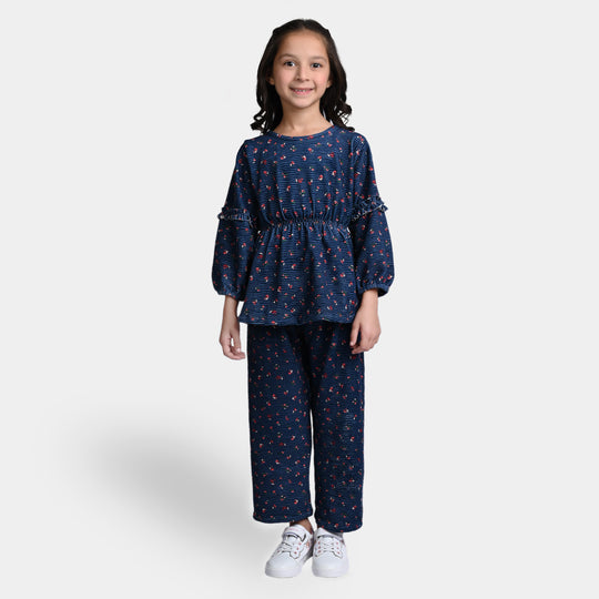 Girls Velvet Co-ord 2PC Set -Navy Blue