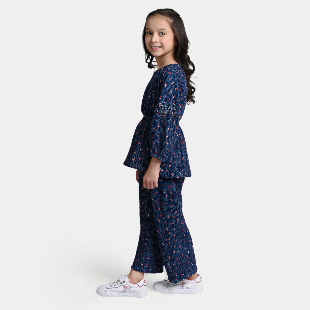 Girls Velvet Co-ord 2PC Set -Navy Blue