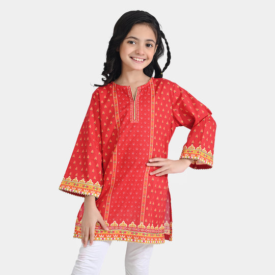 Girls Cotton Poplin Printed Kurti Rose-RED