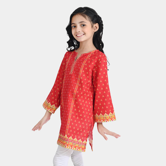 Girls Cotton Poplin Printed Kurti Rose-RED