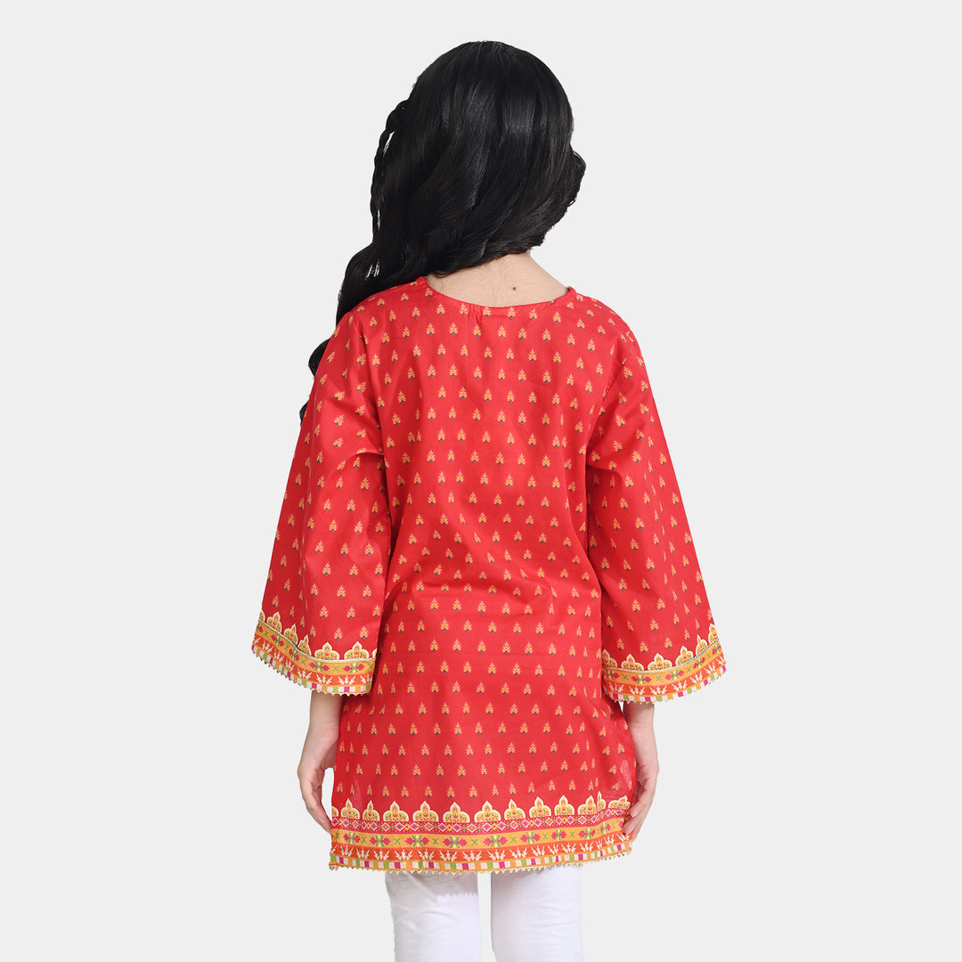 Girls Cotton Poplin Printed Kurti Rose-RED