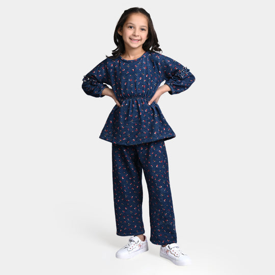 Girls Velvet Co-ord 2PC Set -Navy Blue