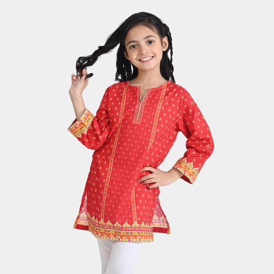 Girls Cotton Poplin Printed Kurti Rose-RED
