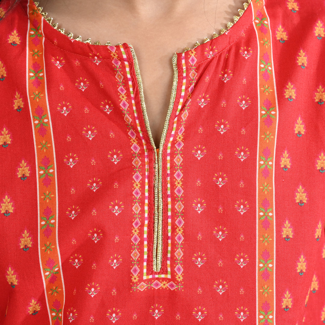 Girls Cotton Poplin Printed Kurti Rose-RED