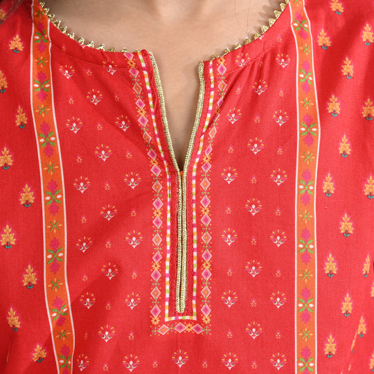 Girls Cotton Poplin Printed Kurti Rose-RED