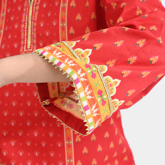 Girls Cotton Poplin Printed Kurti Rose-RED