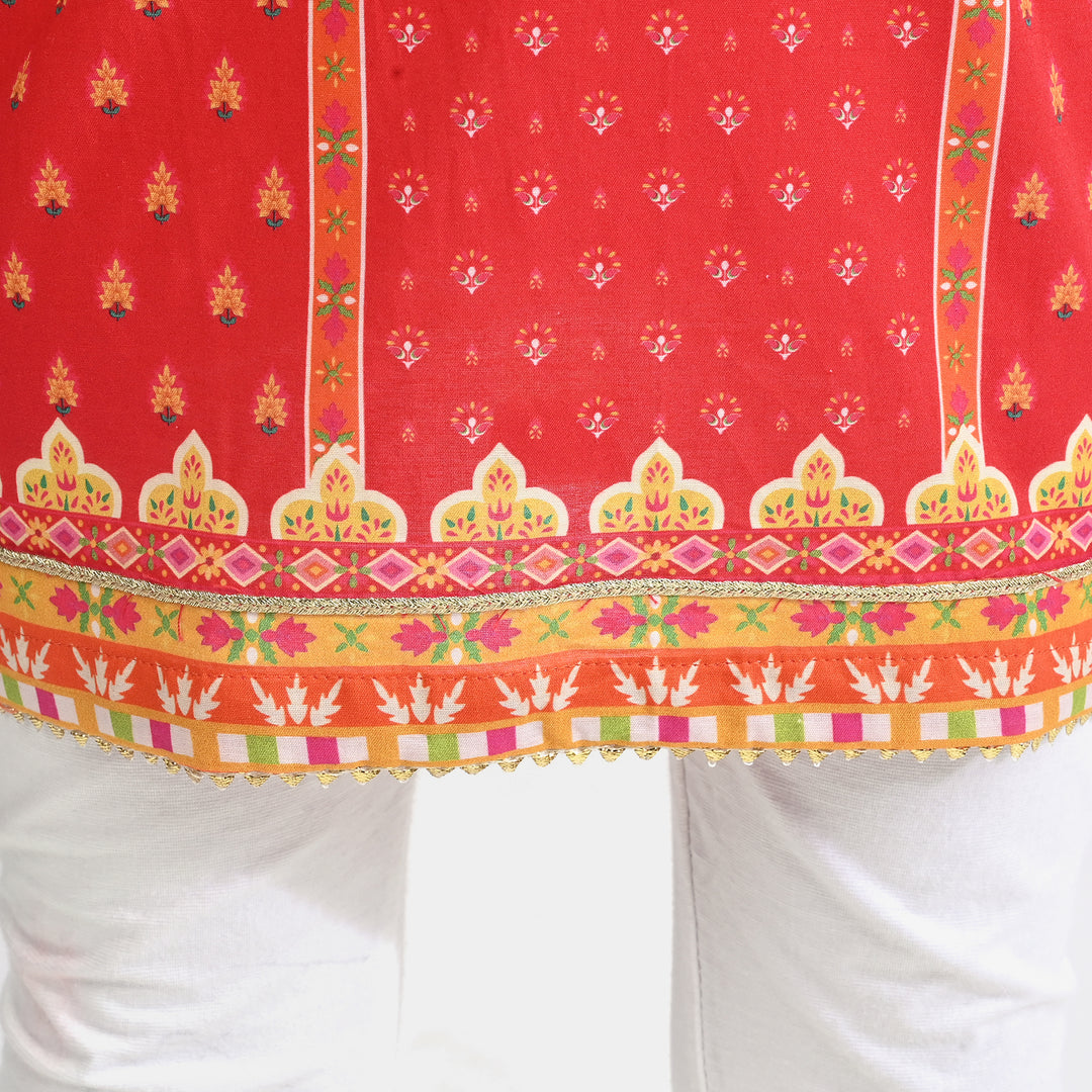 Girls Cotton Poplin Printed Kurti Rose-RED