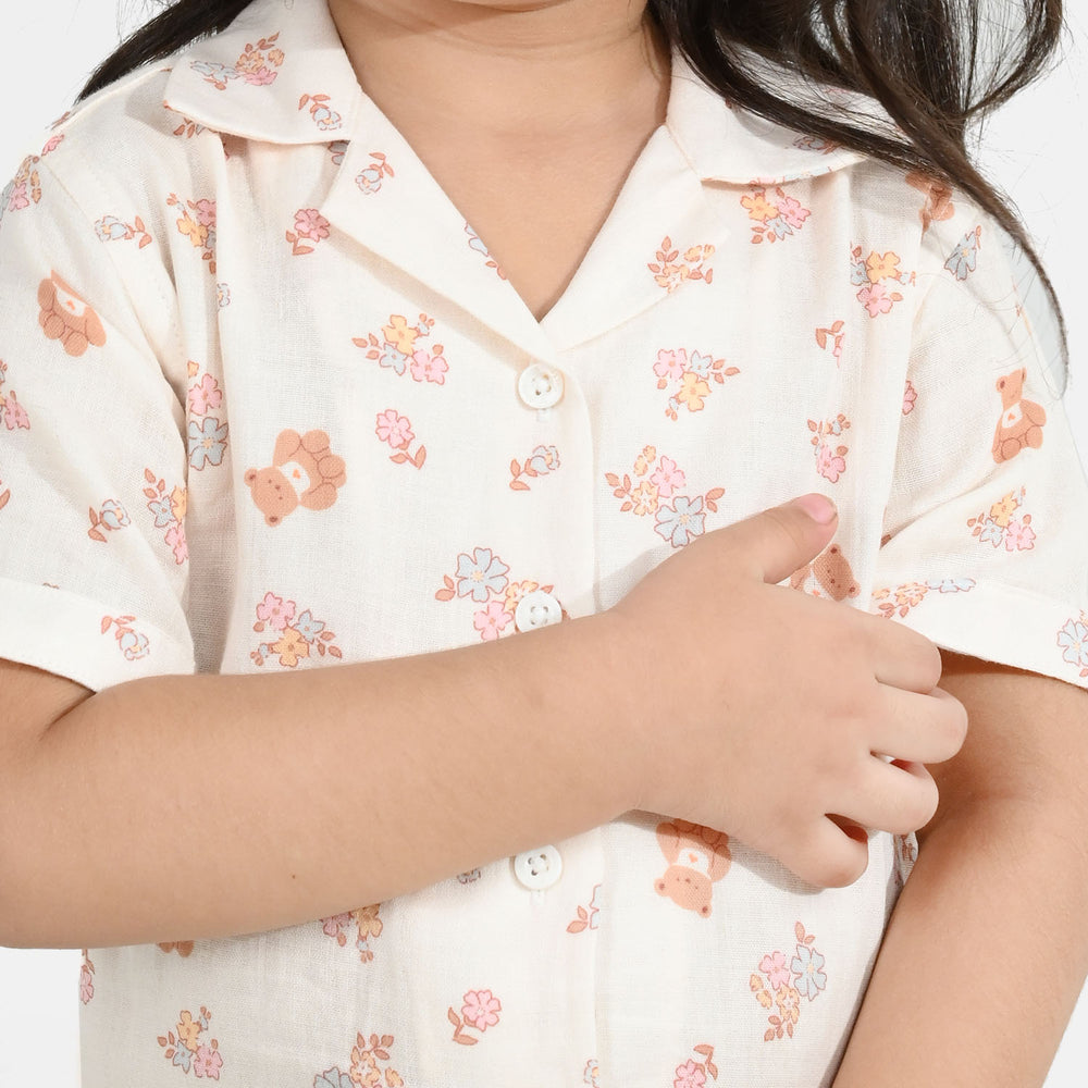 Girls Linen Viscose Nightwear-Teddy Flora-Cream