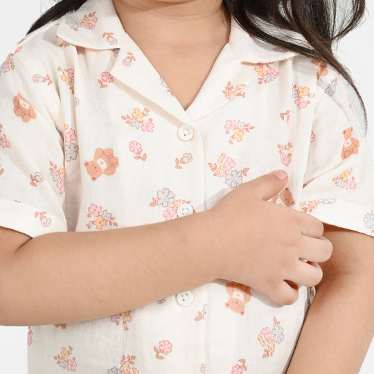 Girls Linen Viscose Nightwear-Teddy Flora-Cream