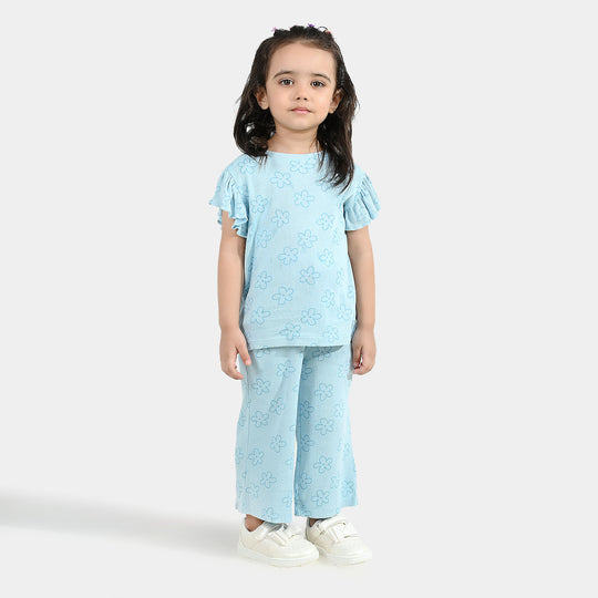 Girls Cotton Baby Rib 2 Piece Suit Flowers-Blue