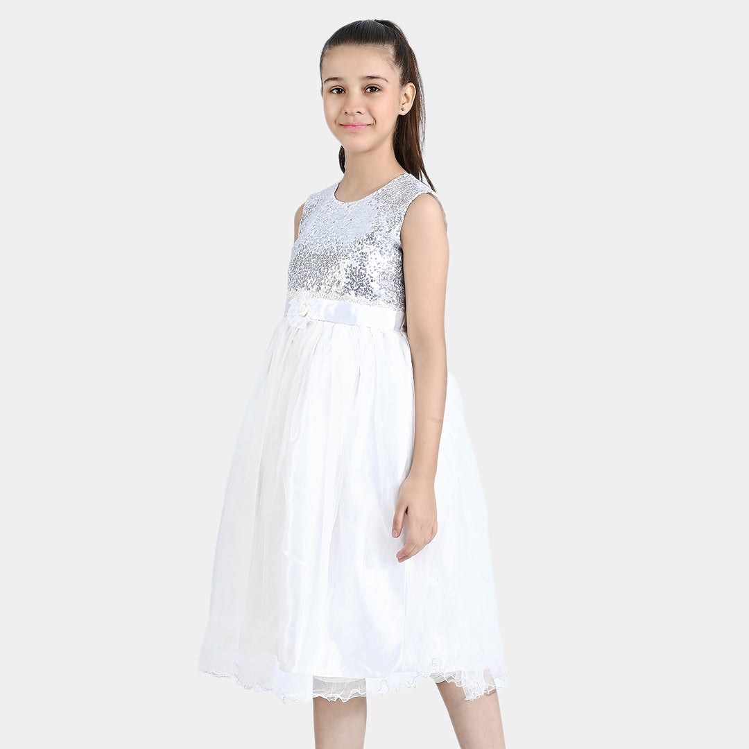 Girls Poly Satin Fancy Frock Shining-S.White