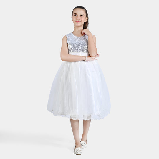 Girls Poly Satin Fancy Frock Shining-S.White