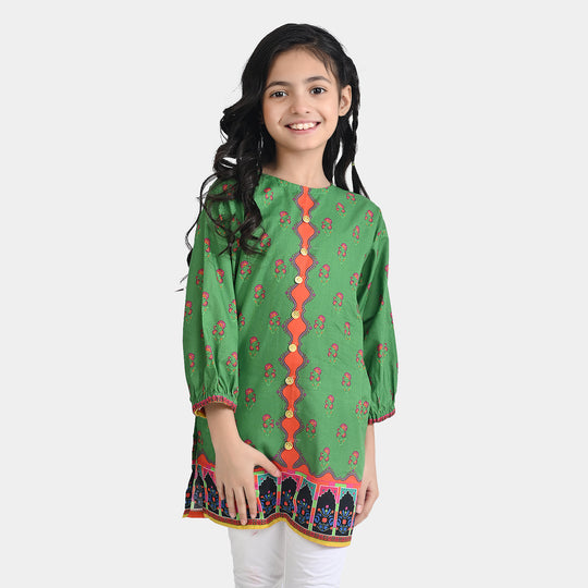 Girls Cotton Poplin Printed Pink Flowers-GREEN