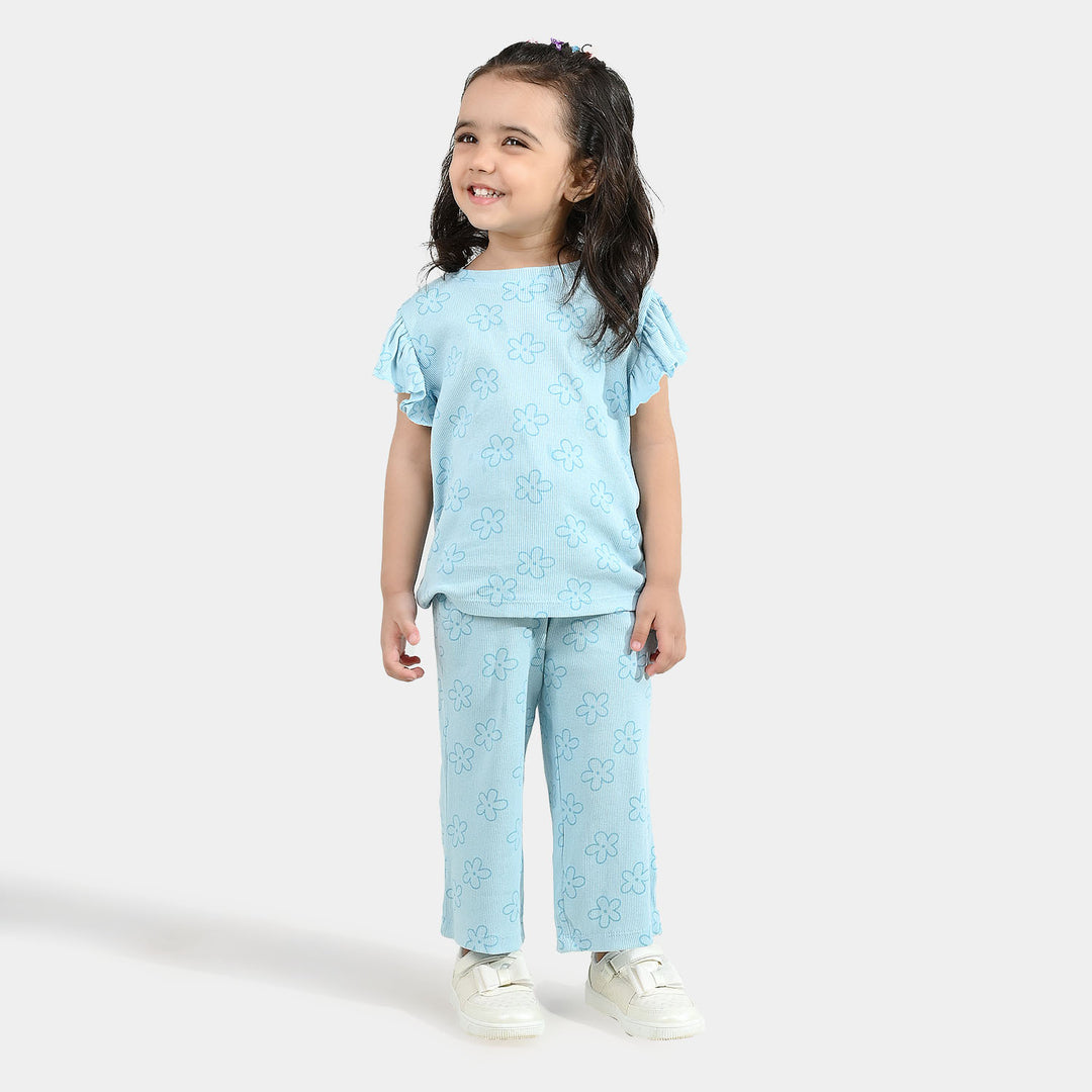 Girls Cotton Baby Rib 2 Piece Suit Flowers-Blue