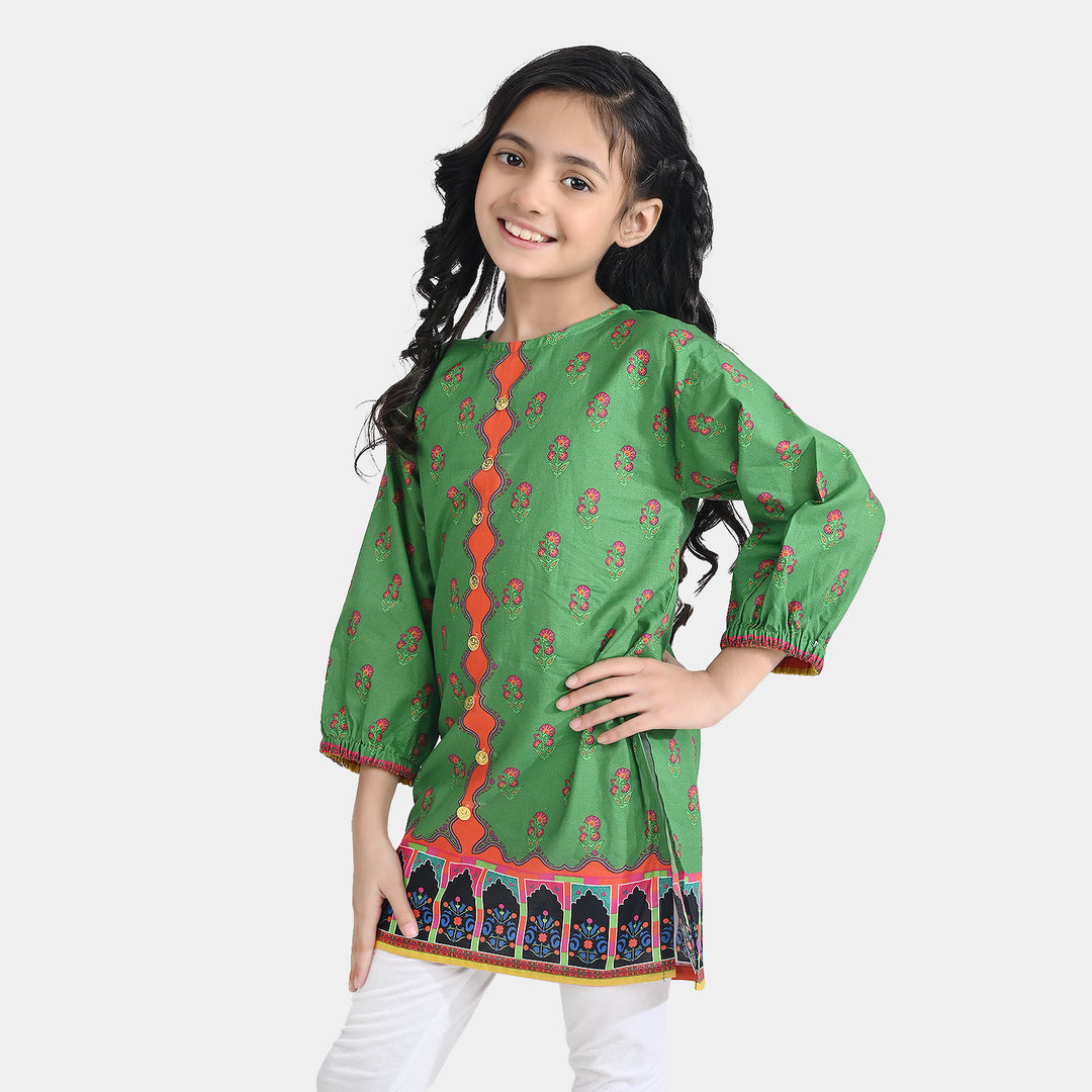 Girls Cotton Poplin Printed Pink Flowers-GREEN