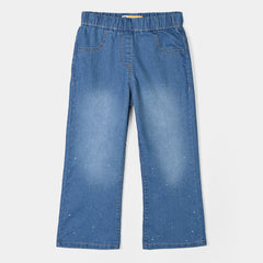 Girls Denim Stretch Jegging Eyelets-Mid Blue