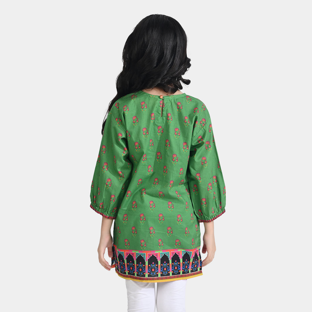 Girls Cotton Poplin Printed Pink Flowers-GREEN