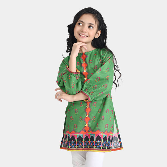 Girls Cotton Poplin Printed Pink Flowers-GREEN
