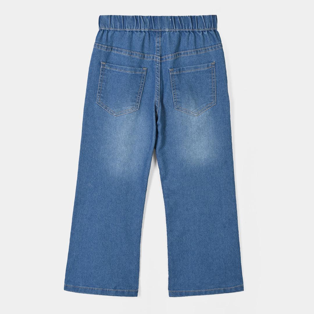 Girls Denim Stretch Jegging Eyelets-Mid Blue