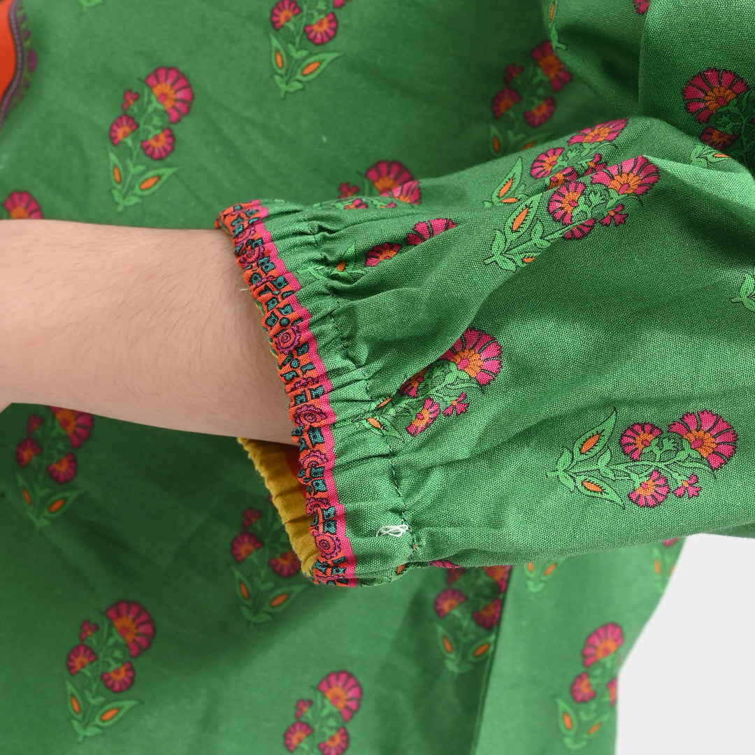 Girls Cotton Poplin Printed Pink Flowers-GREEN