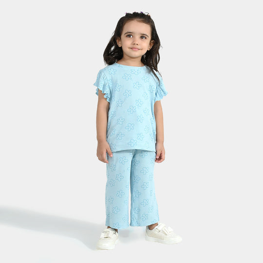 Girls Cotton Baby Rib 2 Piece Suit Flowers-Blue