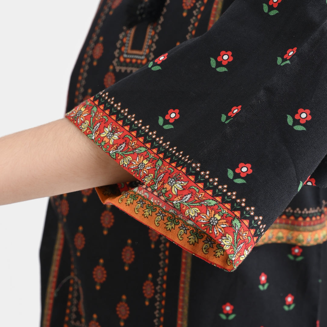 Girls Cotton Poplin Emb Kurti Ethnic-BLACK