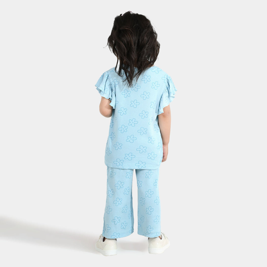 Girls Cotton Baby Rib 2 Piece Suit Flowers-Blue