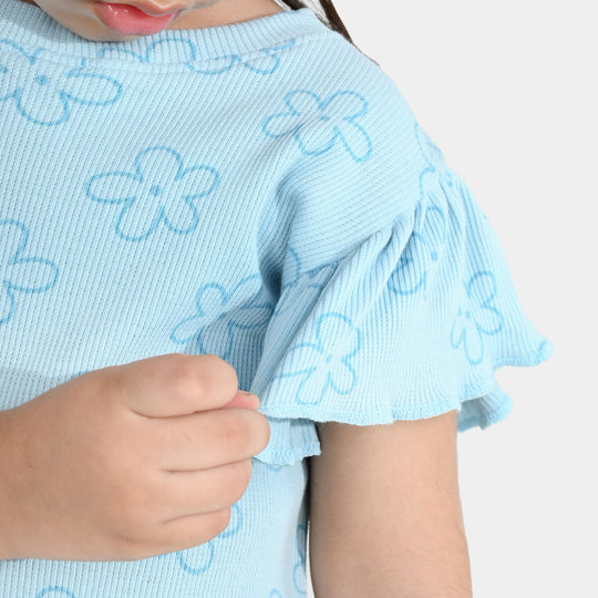 Girls Cotton Baby Rib 2 Piece Suit Flowers-Blue