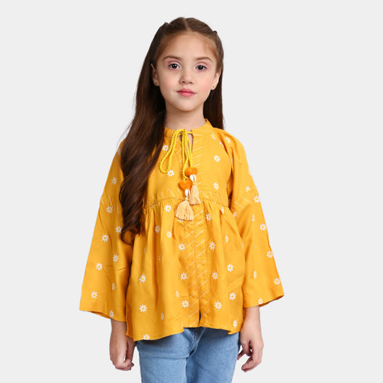 Girls Cotton EMB Top Floral Bloom-Yellow