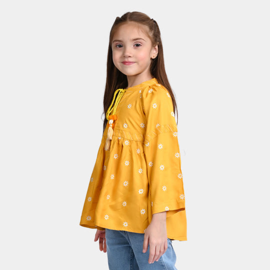 Girls Cotton EMB Top Floral Bloom-Yellow