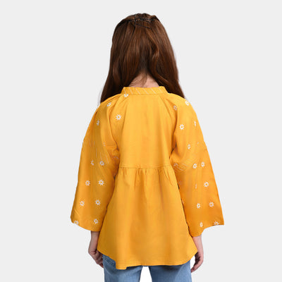 Girls Cotton EMB Top Floral Bloom-Yellow