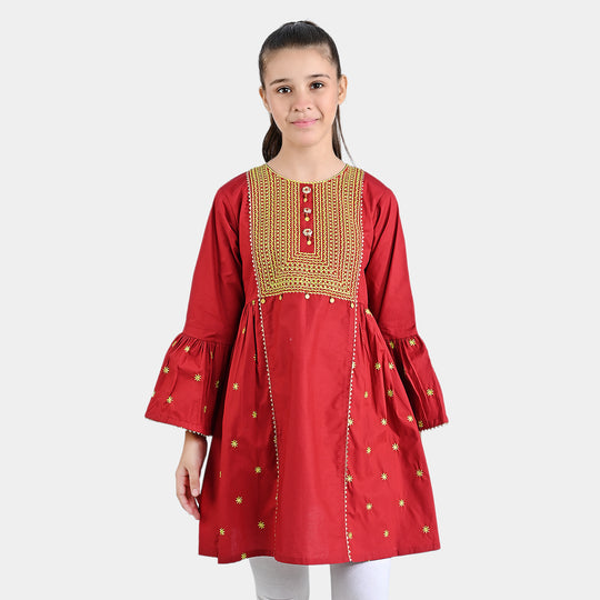 Girls Cotton Poplin Emb Kurti Grace-Red