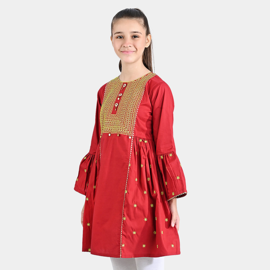 Girls Cotton Poplin Emb Kurti Grace-Red