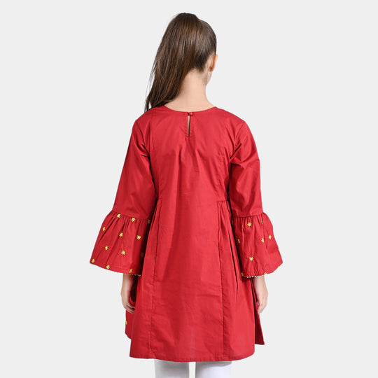 Girls Cotton Poplin Emb Kurti Grace-Red