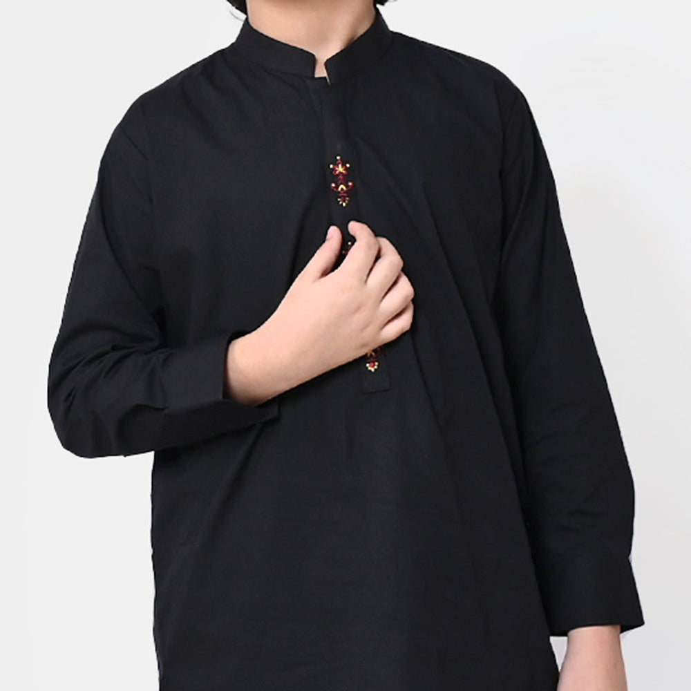 Boys Viscose Embroidered Kurta Pajama - BLACK