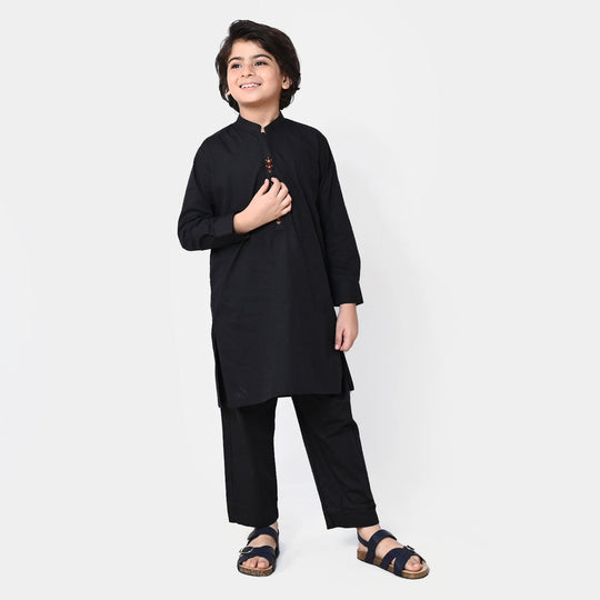 Boys Viscose Embroidered Kurta Pajama - BLACK