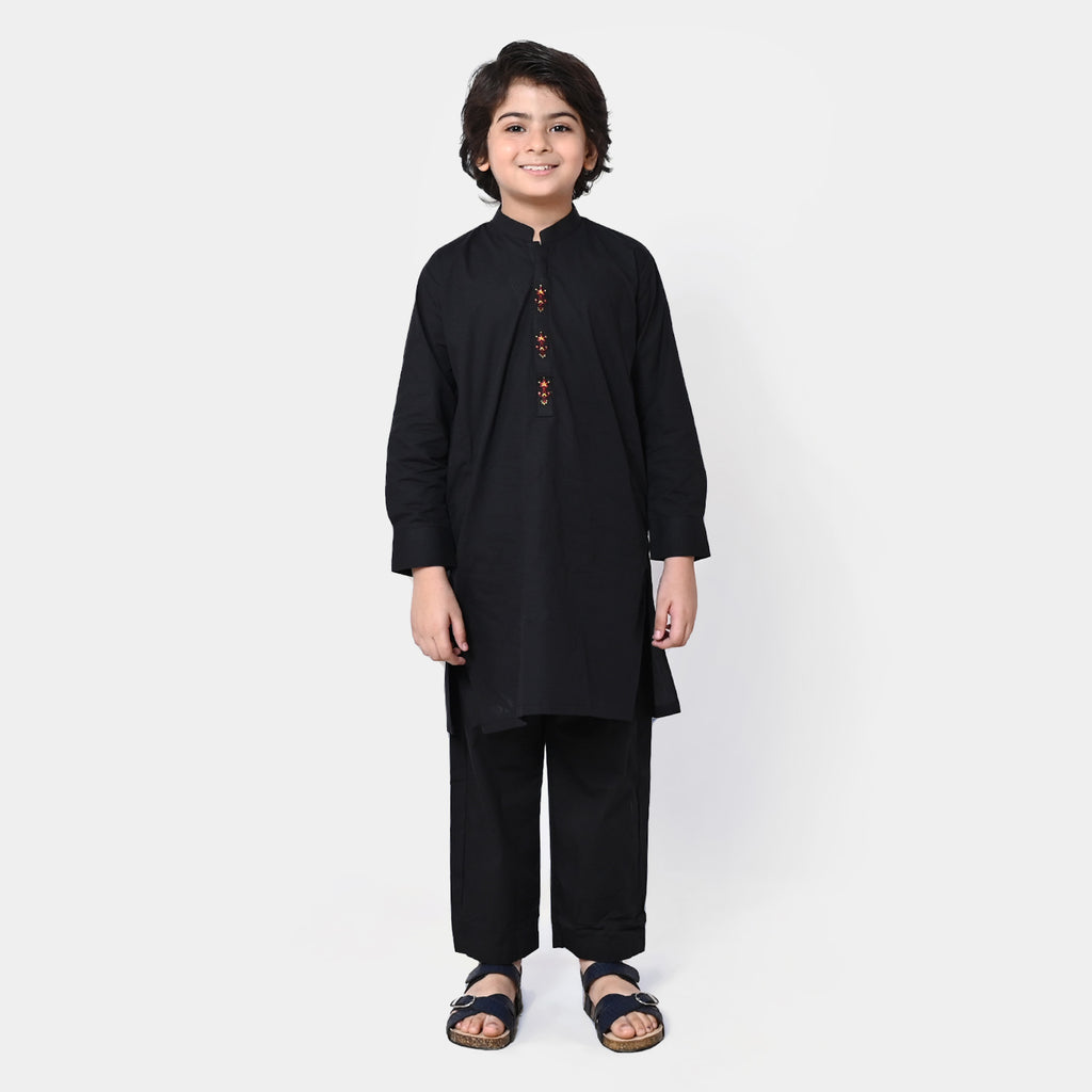 Boys Viscose Embroidered Kurta Pajama - BLACK