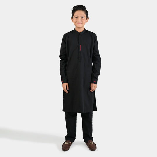 Boys Cotton Poplin Kurta Pajama (Black Studs)-BLACK