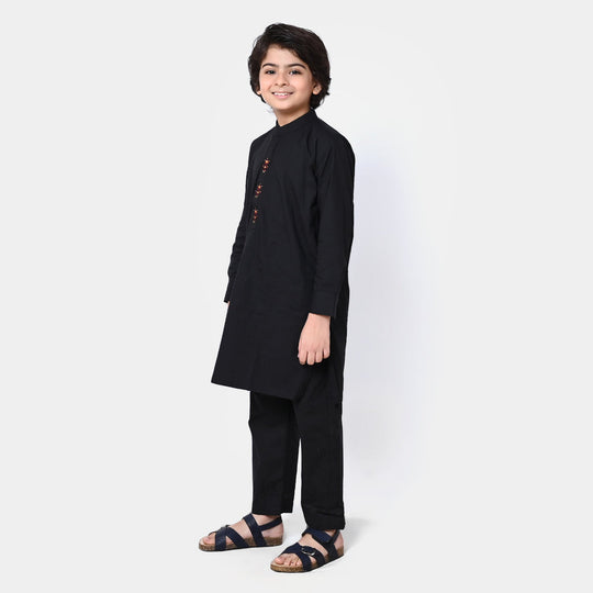 Boys Viscose Embroidered Kurta Pajama - BLACK