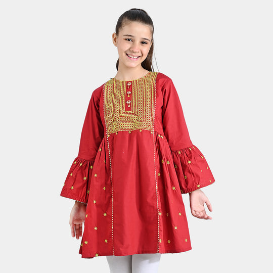 Girls Cotton Poplin Emb Kurti Grace-Red