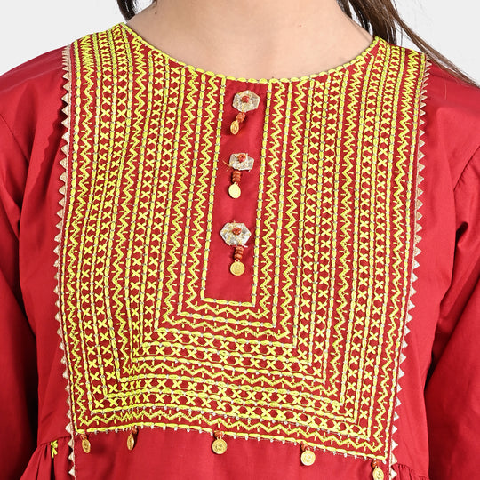 Girls Cotton Poplin Emb Kurti Grace-Red