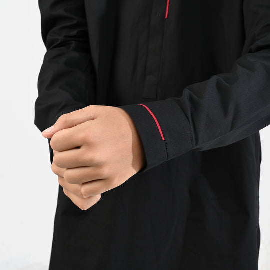Boys Cotton Poplin Kurta Pajama (Black Studs)-BLACK